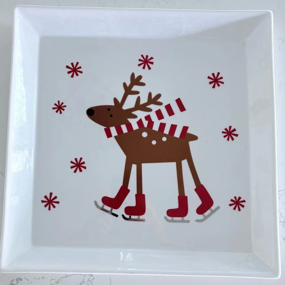 Crate & Barrel Skating Reindeer 12” Square Serving Platter Christmas Holiday NWT